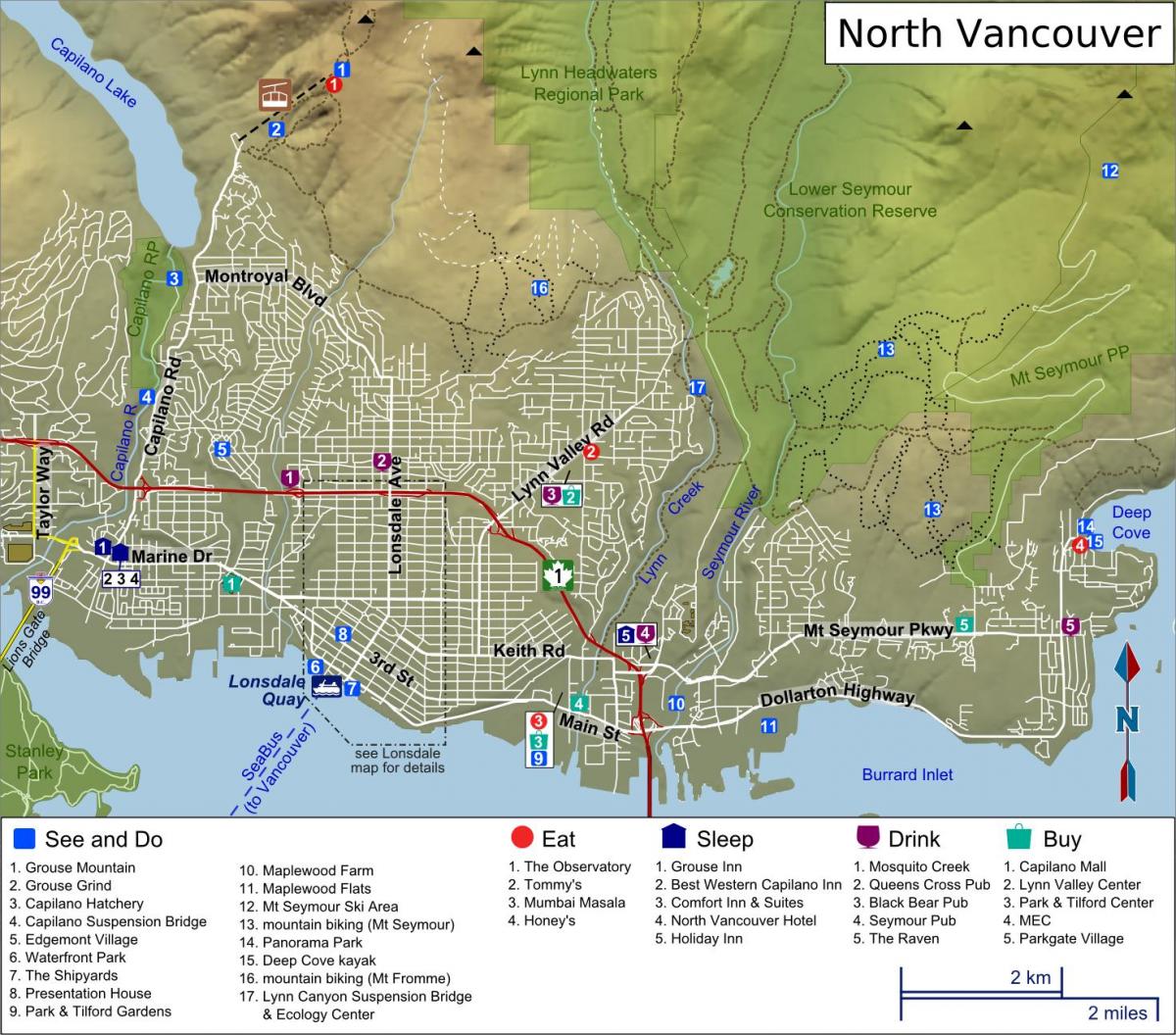 Kart av north shore i vancouver